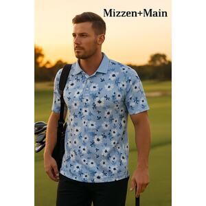 Mizzen+Main Performance Polo XXL Blue Floral Print Stretch Shirt Preppy